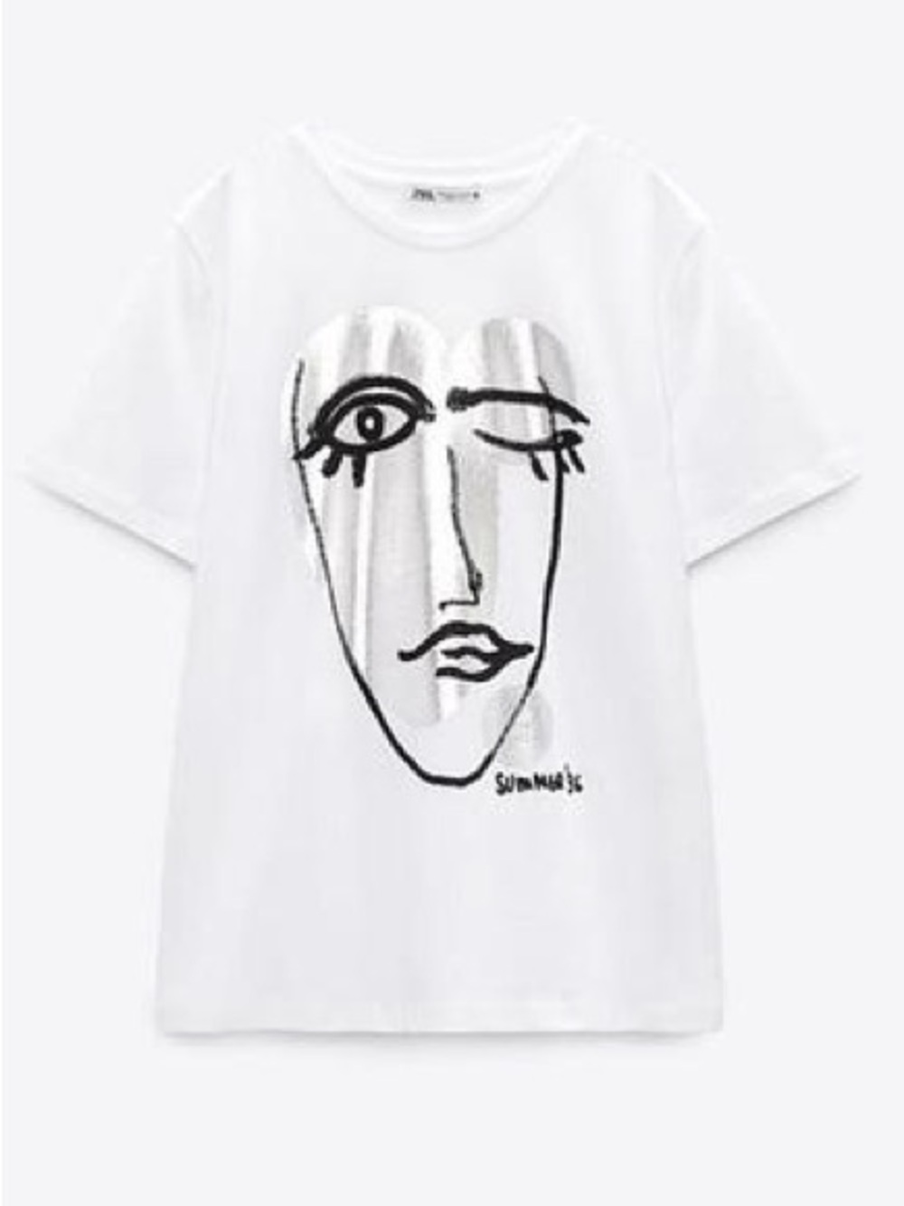 Zara White Tee with Abstract Face Graphic